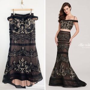 NWOT Ellie Wilde Mon Cheri Black Gold 2 Piece Off Shoulder Mermaid Formal Dress
